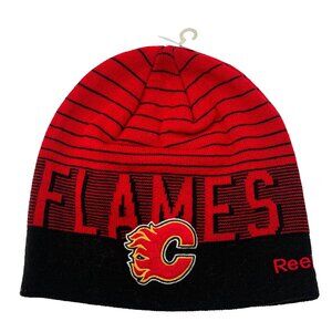 Reebok Unisex OSFA Red Striped Acrylic Calgary Flames NHL Hockey Beanie Hat NWT